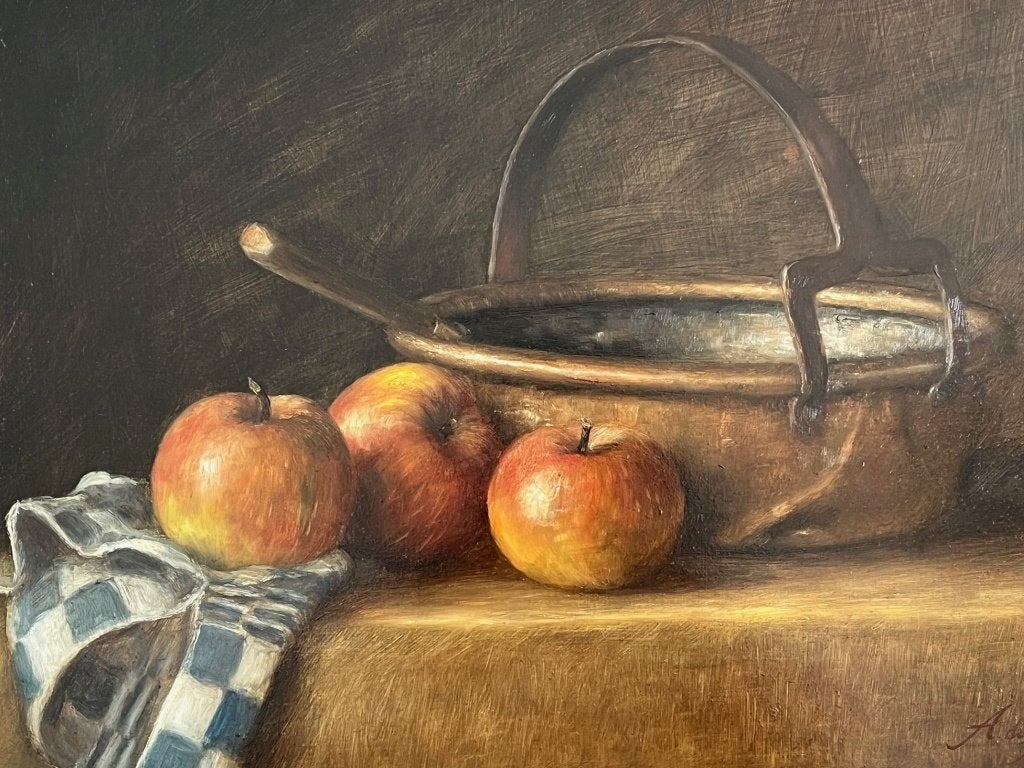 Ad de Roo, stilleven koperen schaal met appels, Ophalen