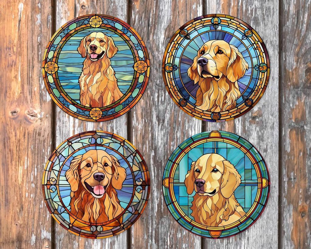 Golden Retriever Glas in Lood onderzetters met houder rond, Ophalen of Verzenden, Zo goed als nieuw, Glas of Kopje