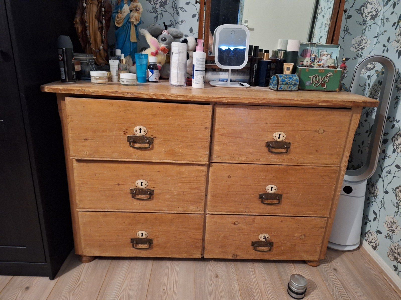 Vintage houten ladekast met 6 laden, Ophalen, Gebruikt, 100 tot 150 cm, 5 laden of meer