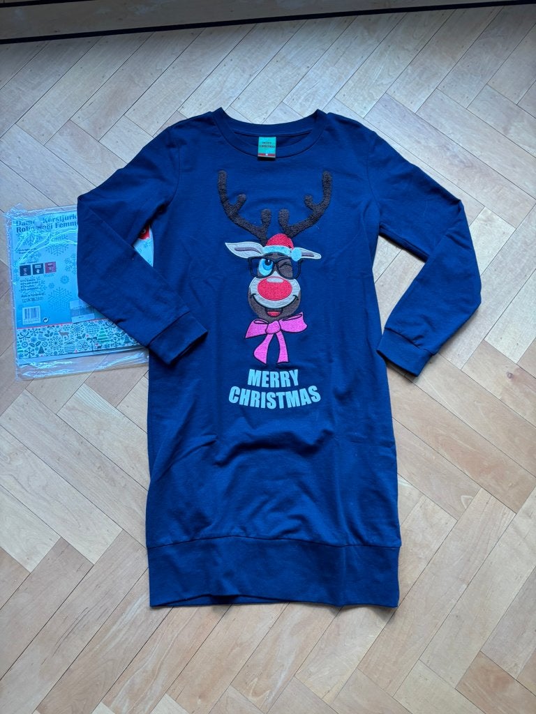 Kerstjurk blauw met rendier - maat s maat 34-36 170-176!, Kerstmis of Sinterklaas, Ophalen of Verzenden, Zo goed als nieuw, Kleding