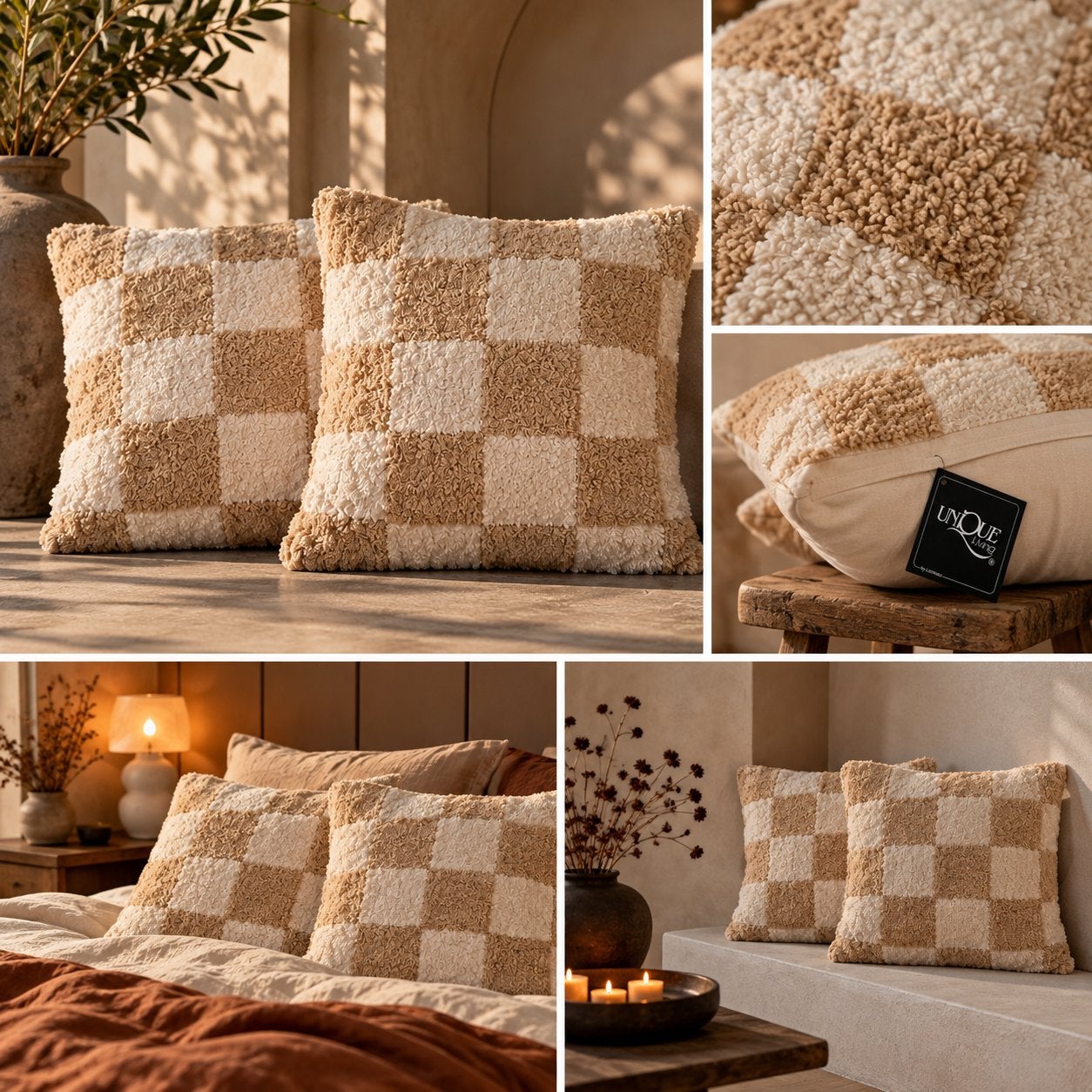Set van 2 Unique Living teddy colorblock kussens 45x45cm, Meerkleurig, Inclusief binnenkussen, Vierkant, Nieuw
