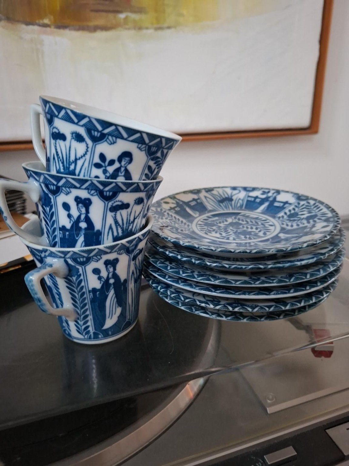 Blauw-wit porseleinen servies – 3 kopjes en 6 schoteltjes