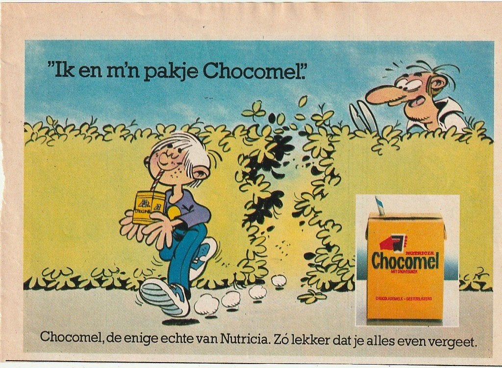 Retro reclame 1979 Nutricia Chocomel stripfiguur en heg, Verzenden, Overige typen