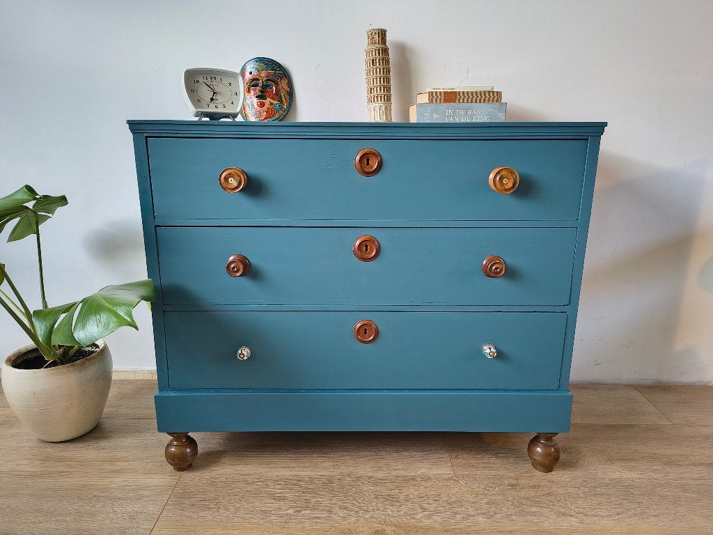 Vintage Commode / Chest of Drawers – Petrol Blue & Wood, Zo goed als nieuw, 3 of 4 laden, Onbekend, 25 tot 50 cm