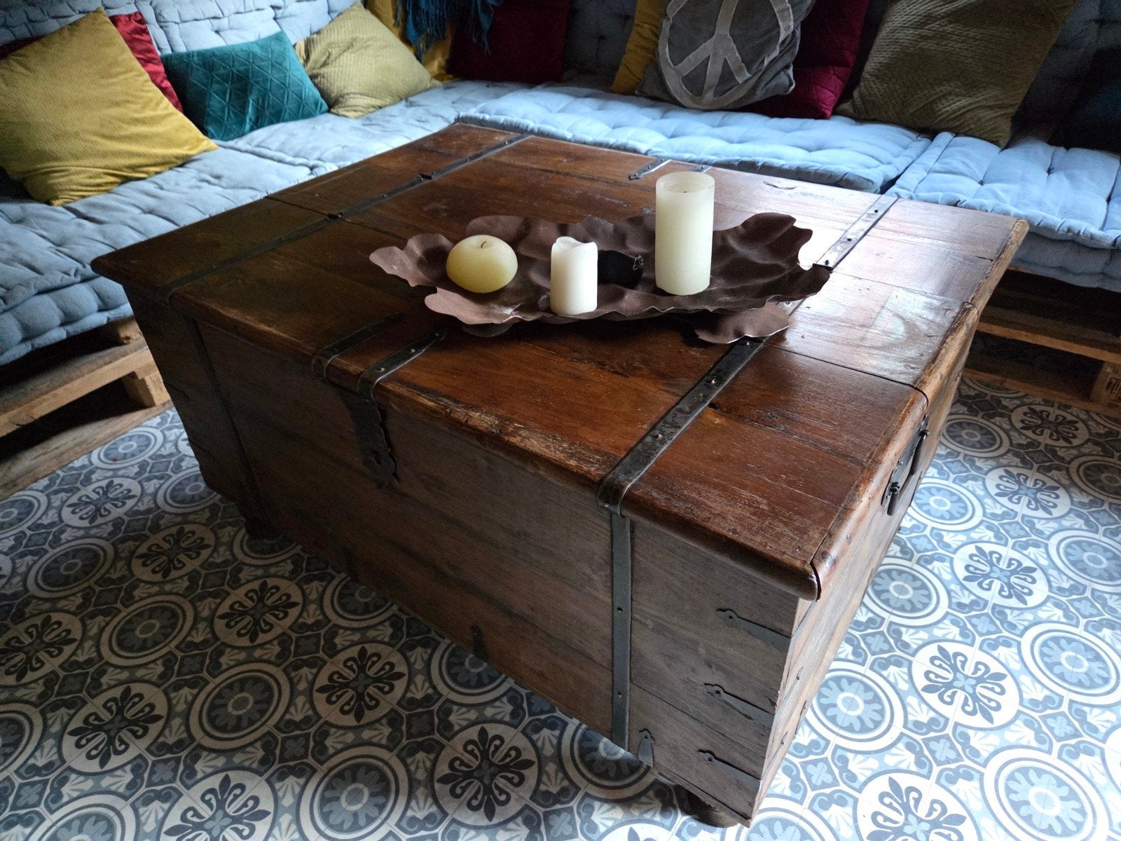 Teakhouten salontafel/kist uit India, met 2 kleppen, Huis en Inrichting, Tafels | Salontafels, Ophalen, 100 tot 150 cm, 50 tot 100 cm
