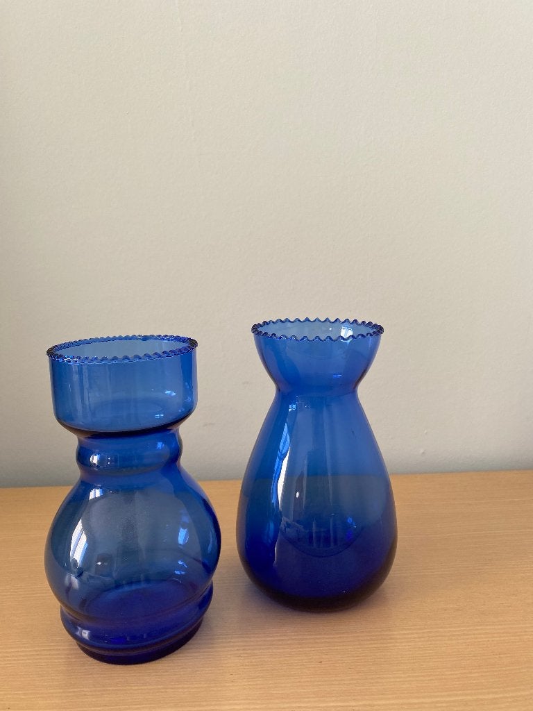 2 blauwe hyacintglazen, bollenvazen met kartelrand, Ophalen of Verzenden