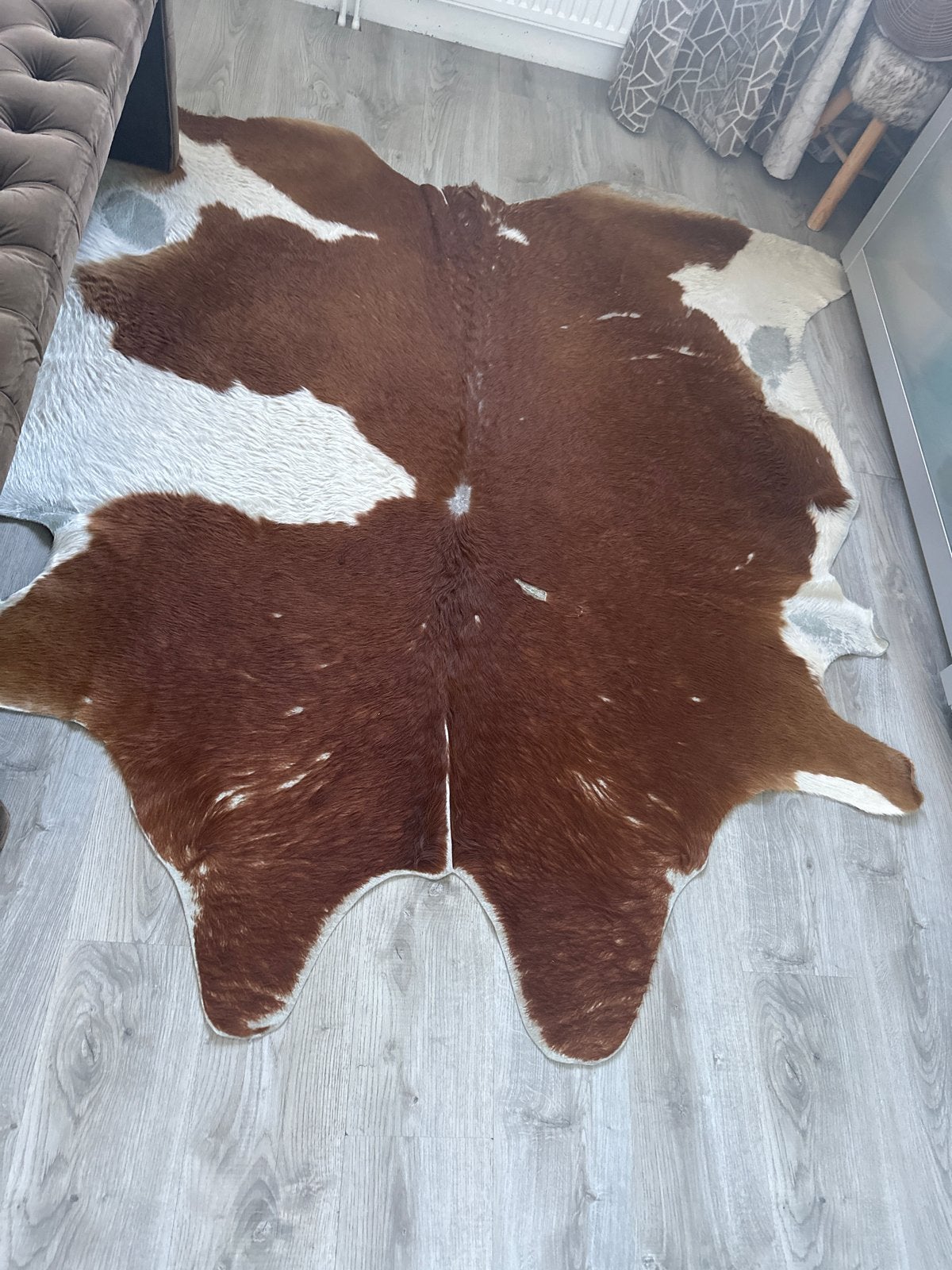 Prachtig bruin-wit koeienhuid vloerkleed, Ophalen, 100 tot 150 cm, Bruin, Zo goed als nieuw