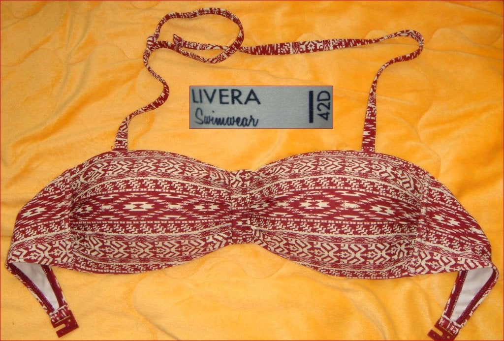 LIVERA rood-ecru bikini setje BH 42D + slip maat 38 zgan, Meerkleurig, Ophalen of Verzenden, Zo goed als nieuw, Bikini