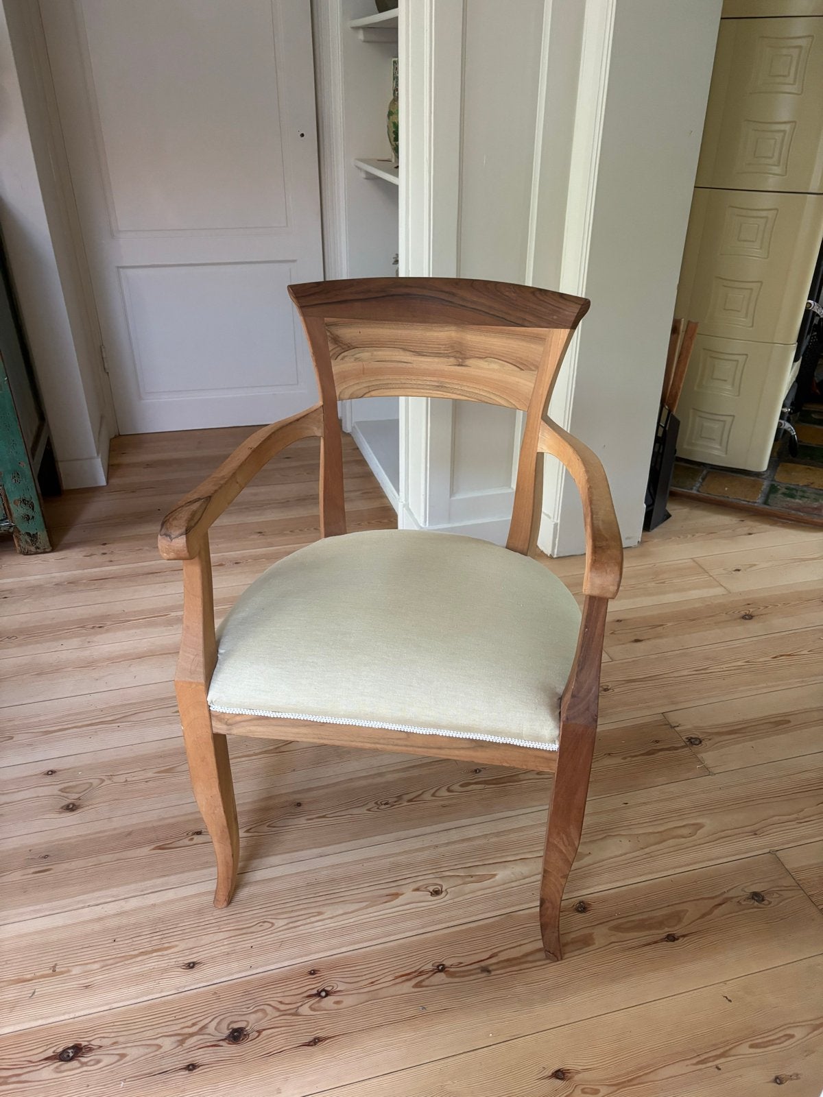 Teak houten armstoel/ bureaustoel met linnen bekleding NIEUW, Ophalen, Bruin, Nieuw, Eén