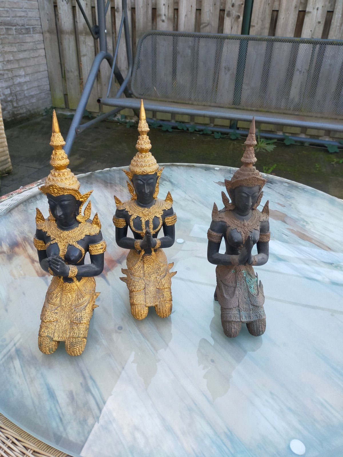 Set van 3 Bronzen Boeddha Beelden - 33cm Hoog, Ophalen, Metaal, Gebruikt, Meerkleurig