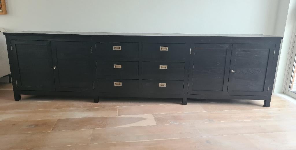 Stijlvol teakhouten zwart dressoir, Huis en Inrichting, Kasten | Dressoirs, Ophalen, Gebruikt, Teakhout, 200 cm of meer