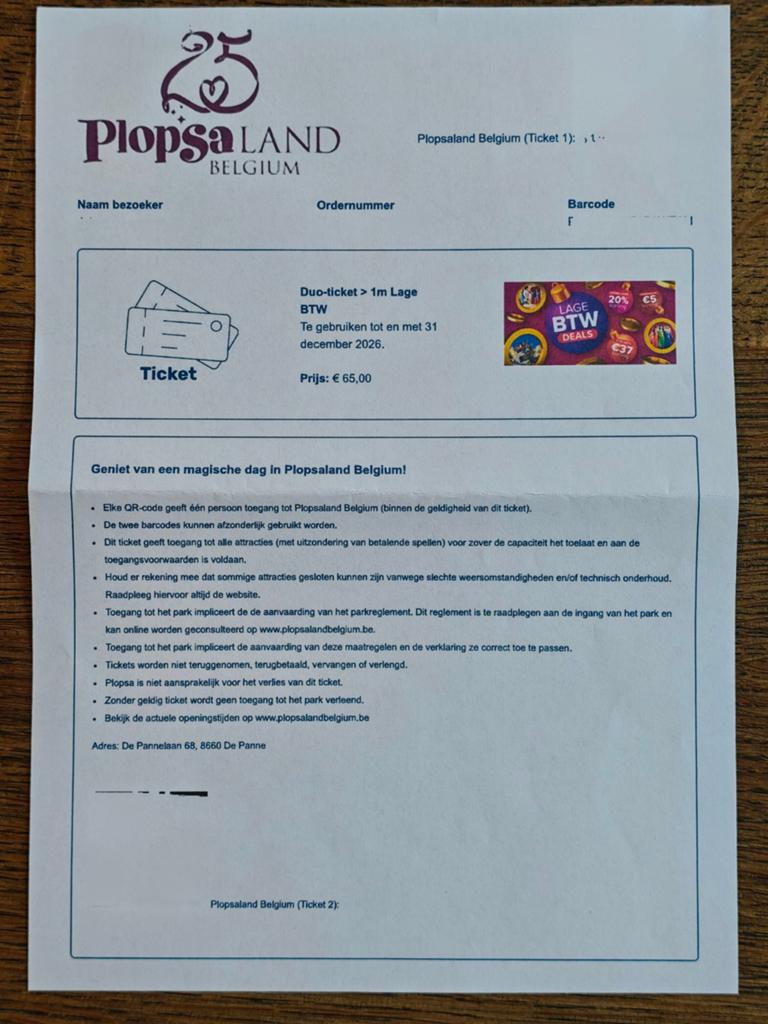 Plopsaland de Panne - Duo ticket >1m (2026 geldig), Twee personen, Ticket of Toegangskaart