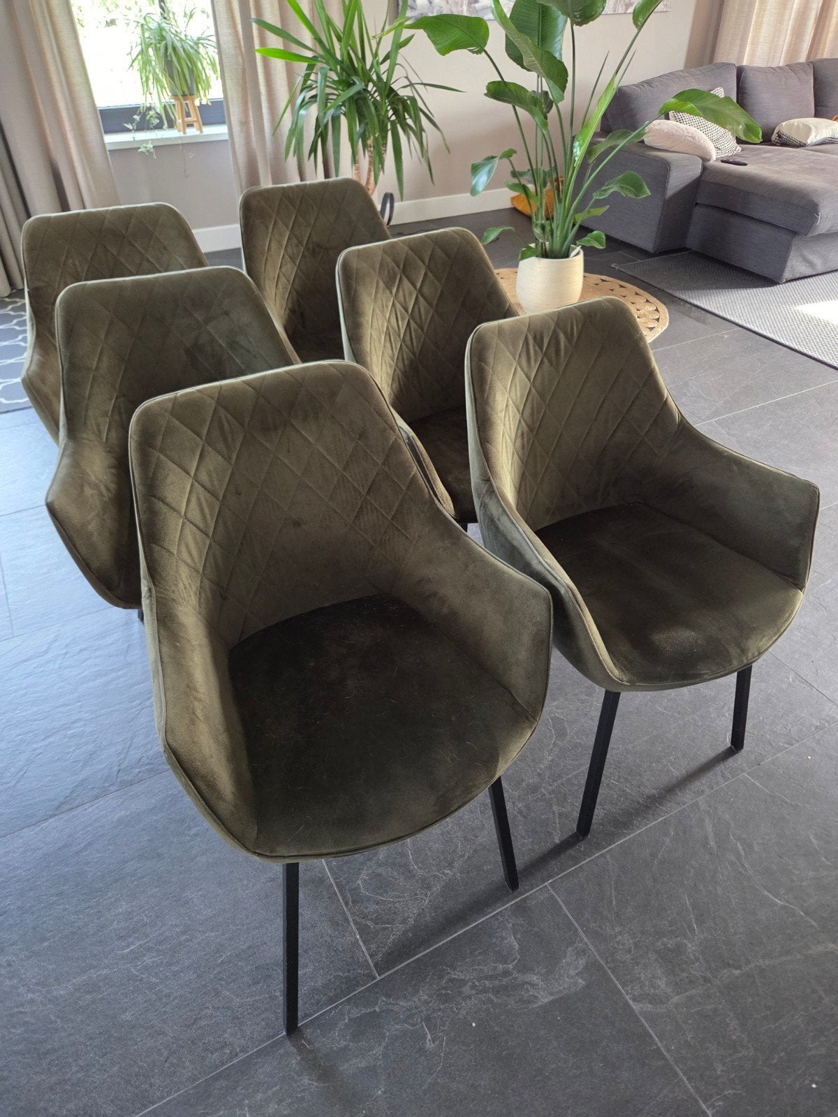 6x Groene fluwelen eetkamerstoelen met zwarte poten, Ophalen, Gebruikt, Overige kleuren, Stof