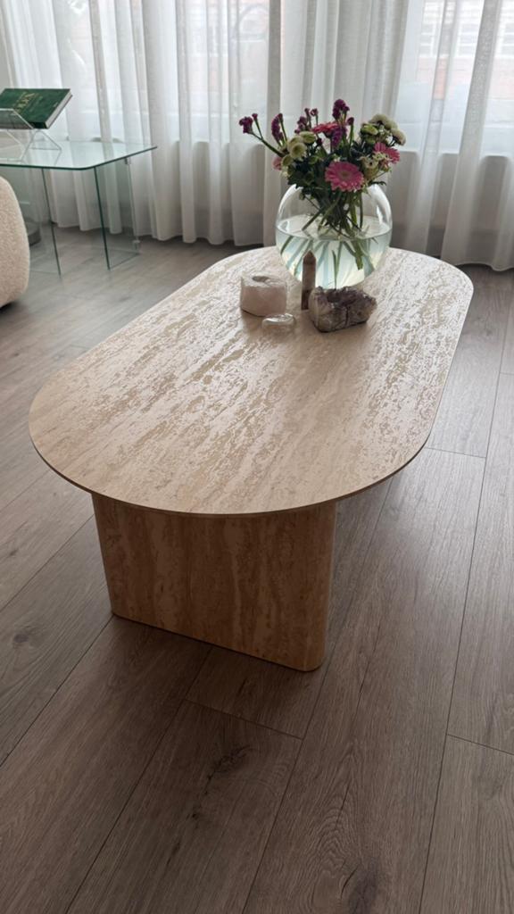 Salontafel bijzettafel ovaal travertin travertijn look beige, Ophalen, 100 tot 150 cm, Nieuw, 50 tot 100 cm