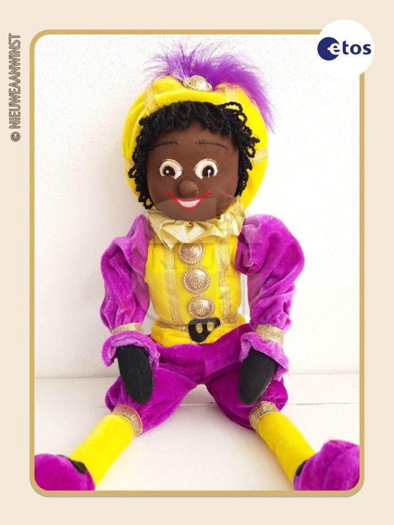 Nostalgische Etos etalage Piet pop - geel/paars - 45cm, Diversen, Verzenden, Gebruikt