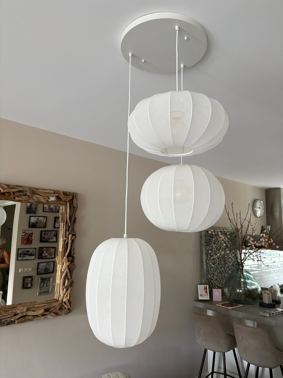 Moderne hanglamp met 3 witte stoffen kappen, Huis en Inrichting, Ophalen, Zo goed als nieuw, Textiel, E27 (groot)