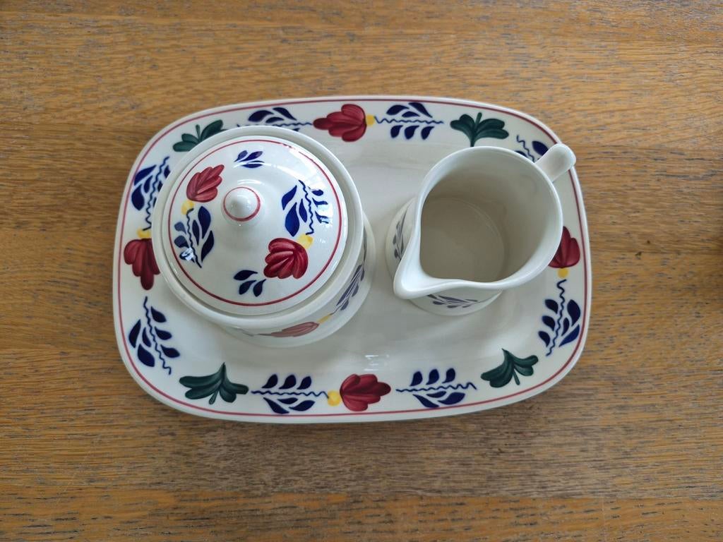 Suikerpot, melkkannetje en schaaltje Boerenbont, Huis en Inrichting, Keuken | Servies, Overige typen, Ophalen of Verzenden, Zo goed als nieuw