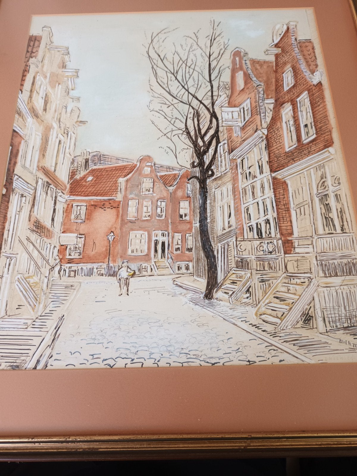 Oude Amsterdamse straat, Driehoekstraat, gesigneerd 1945, Ophalen of Verzenden, Tekening, Gemengde techniek, Gesigneerd