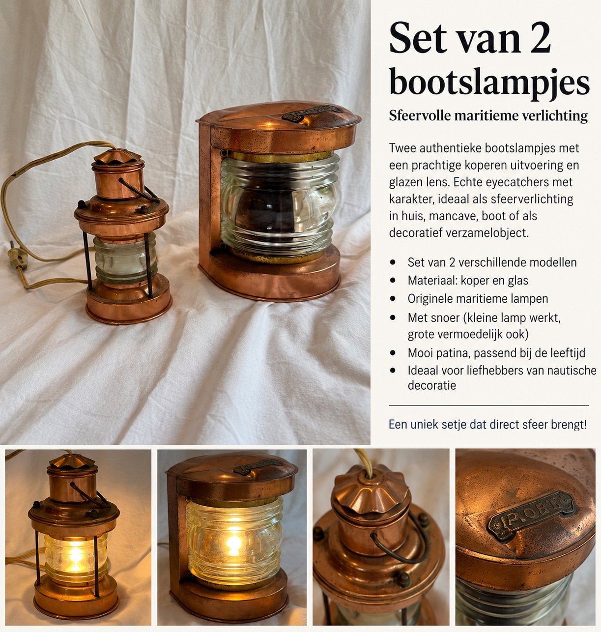 Set van 2 authentieke koperen bootslampjes met patina, Antiek en Kunst, Ophalen of Verzenden
