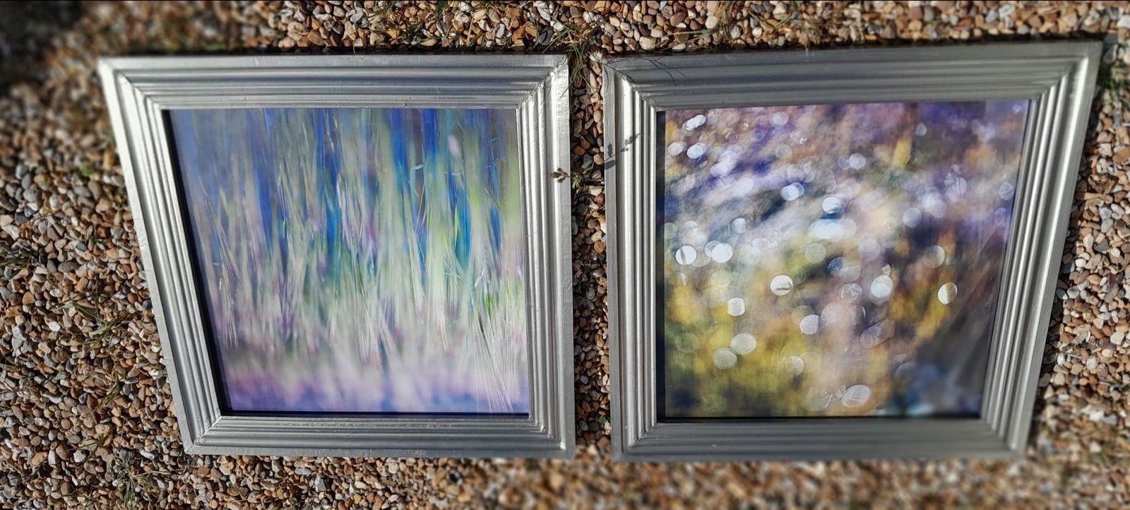 Set van 2 abstracte kunstwerken in zilveren lijsten, Ophalen of Verzenden