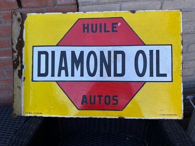 Emaille Diamond Oil bord. 1931 Dubbelzijdig 60 x 40 cm., Ophalen of Verzenden, Gebruikt, Reclamebord