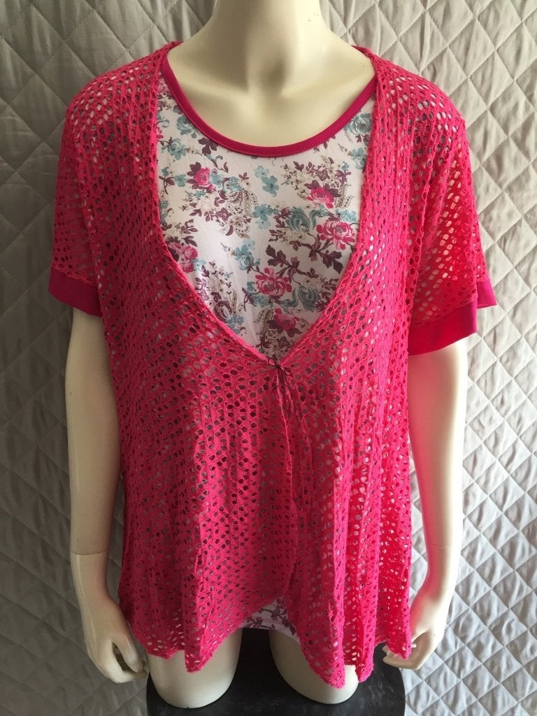 gebloemd shirt met gehaakt vest Italy L (2B18), Tweedehands verkoop, Tweedehands verkoop, Ophalen of Verzenden, Korte mouw