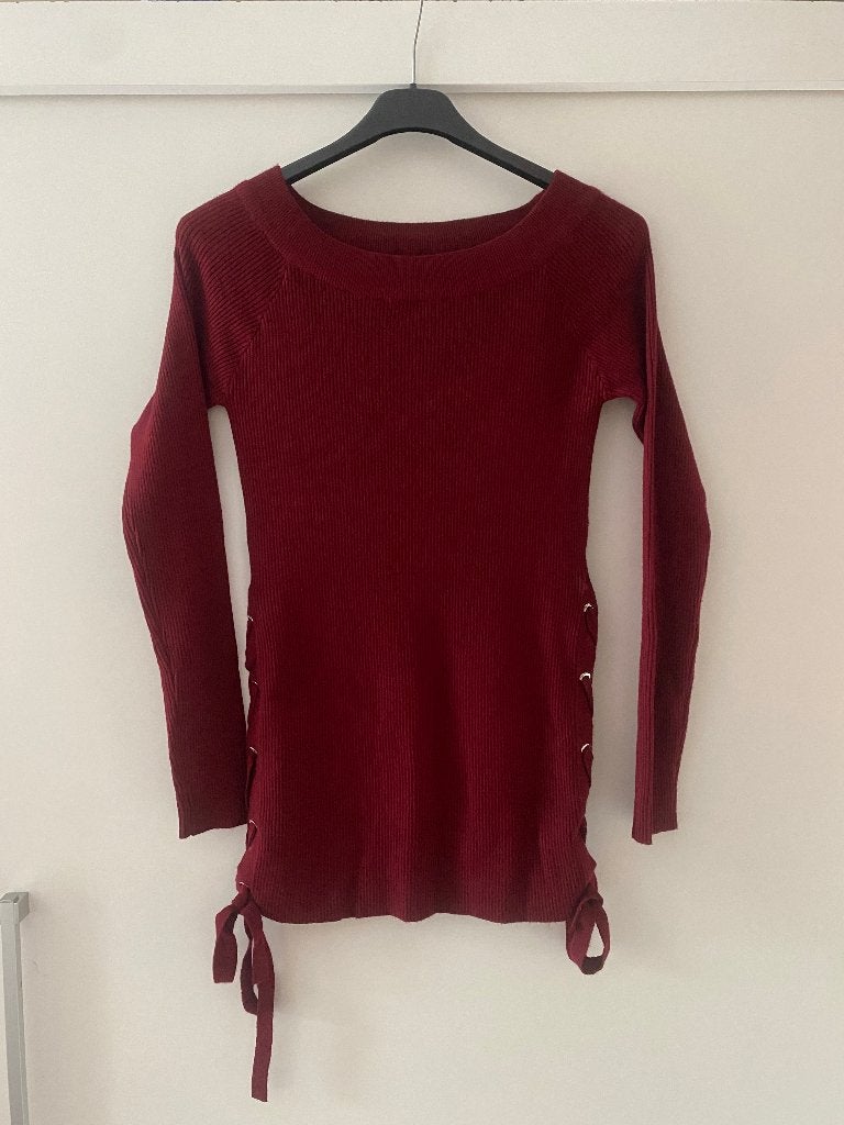 Bordeaux wijn rode rib veter longsleeve trui top mt 40 / 42, Maat 38/40 (M), Boetiek, Ophalen of Verzenden, Zo goed als nieuw