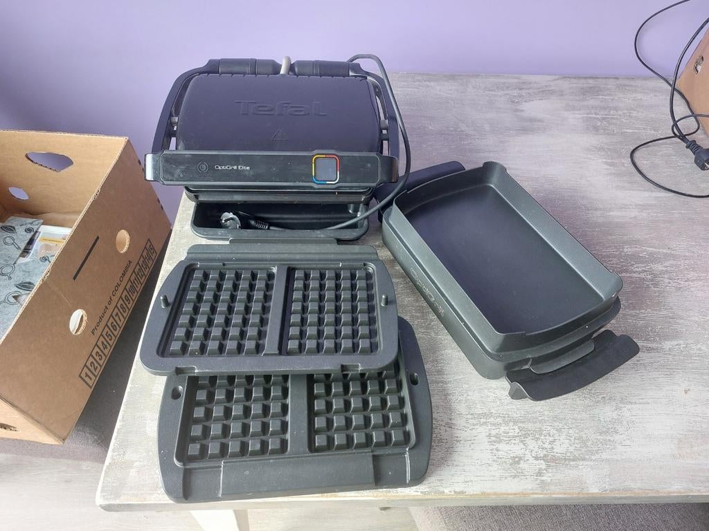 Tefal OptiGrill Elite met wafelplaten en pizza maker, Witgoed en Apparatuur, Ophalen of Verzenden, Uitneembare platen, Gebruikt