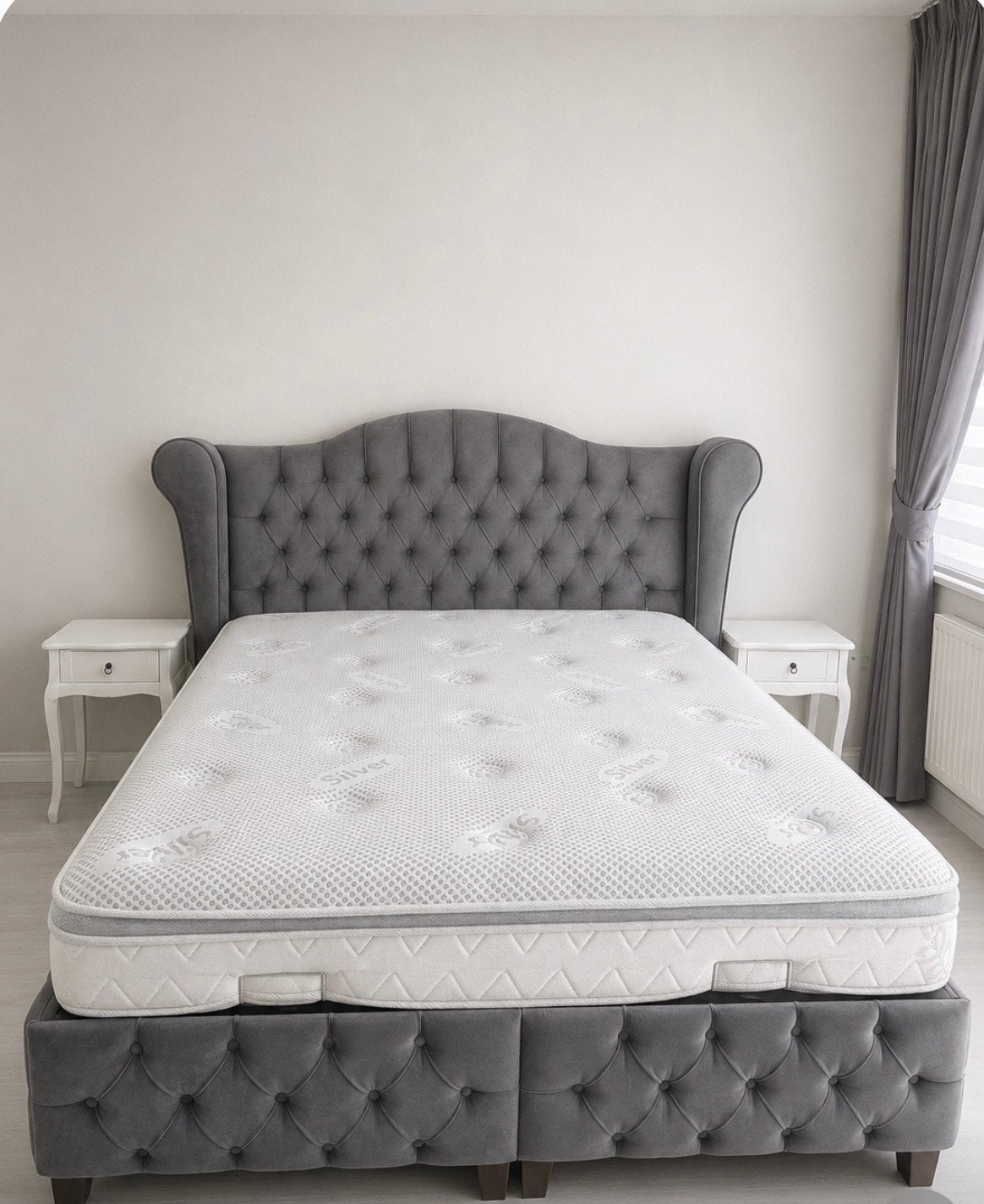 Grijze boxspring incl. matras 160x200 en meer, Ophalen, Gebruikt, Tweepersoons, Grijs