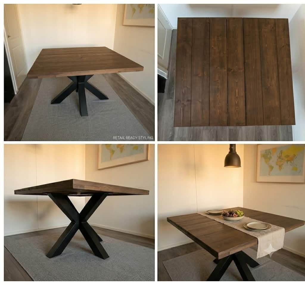 Stevige eettafel met metalen onderstel - 130x130 cm, Huis en Inrichting, Ophalen, Gebruikt, Vierkant, Overige houtsoorten