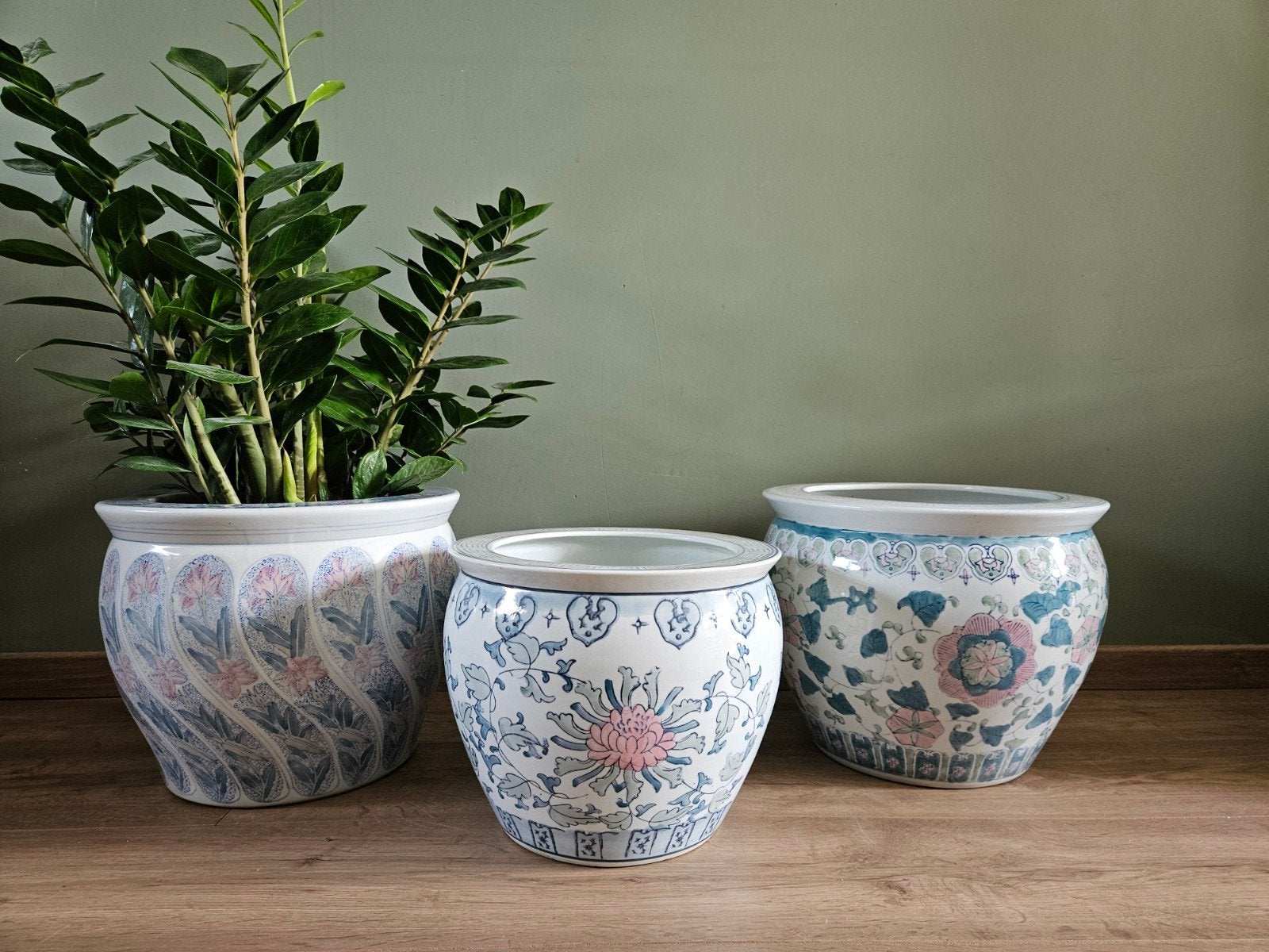Set van 3 Chinese XXL vintage bloempotten / cachepotten, Tuin en Terras, Bloempotten, Aardewerk, Minder dan 40 cm, Rond, Ophalen