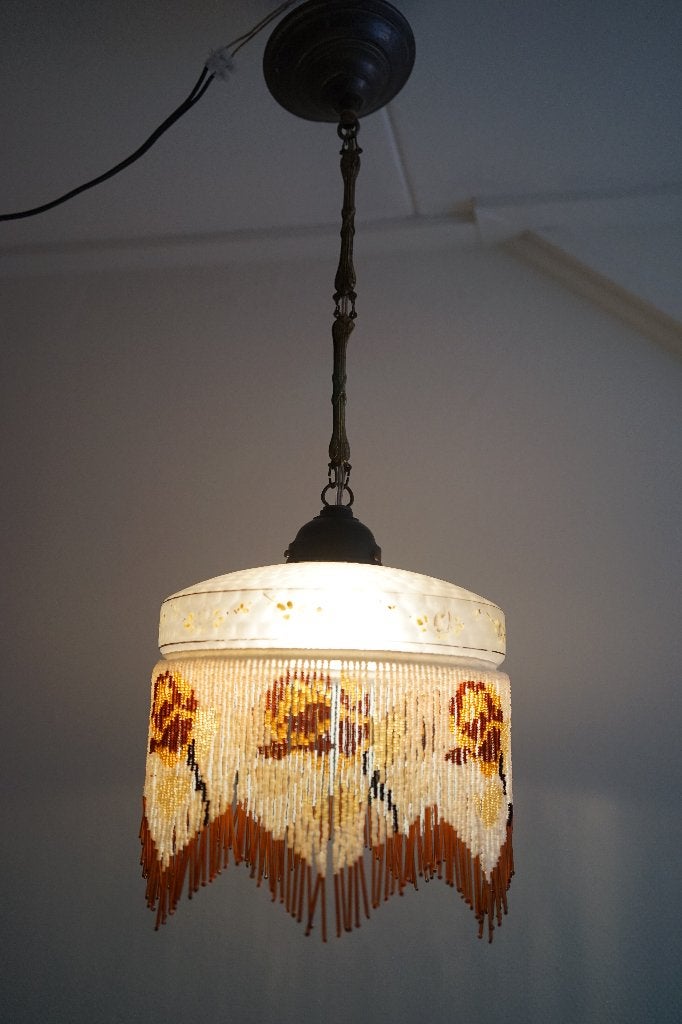 Art Deco Kralen Hanglamp Vintage Bohemian glas messing roos, Ophalen of Verzenden