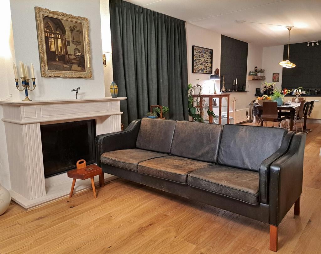 Borge Mogensen design deens 3 zits bank zwart leer, Huis en Inrichting, Ophalen of Verzenden, Gebruikt, Leer