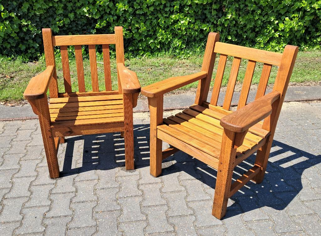 2 Teak blokstoelen groot en zwaar, Ophalen, Gebruikt, Teakhout