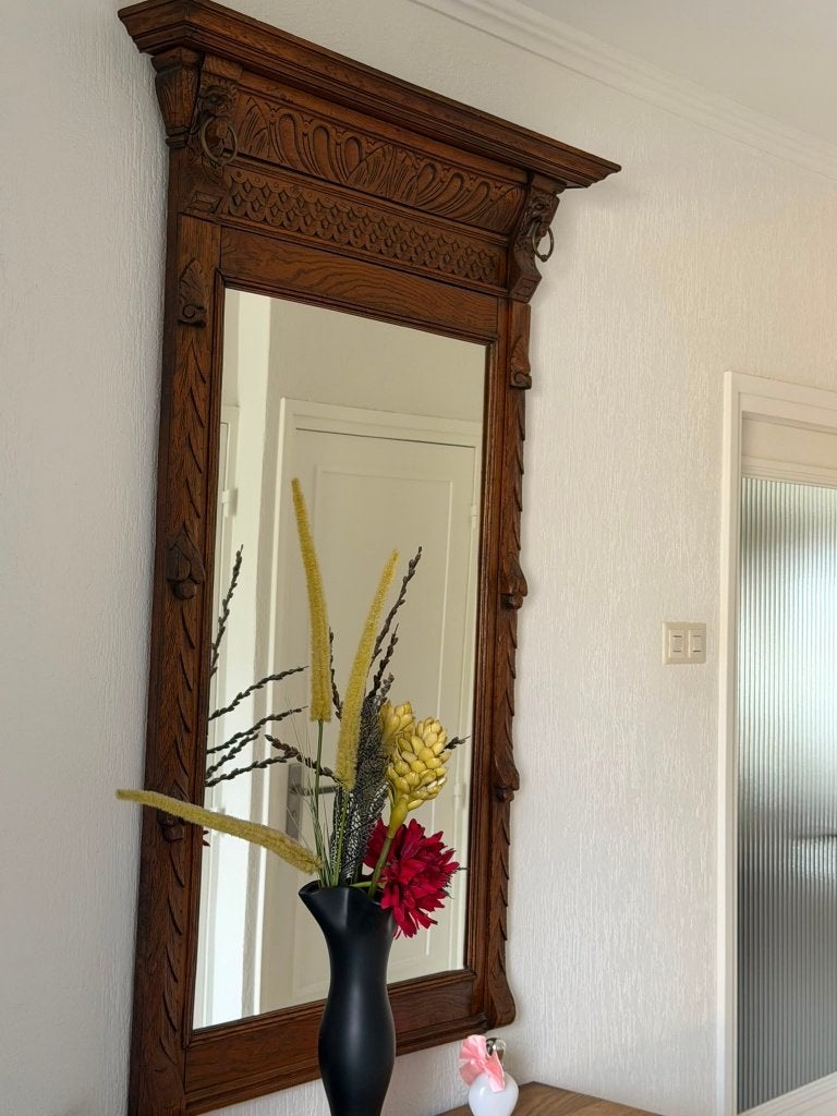 Prachtige Antieke Mechelse Spiegel - met Leeuwenkoppen, Antiek en Kunst, Antiek | Spiegels, Ophalen, Rechthoekig, 50 tot 100 cm