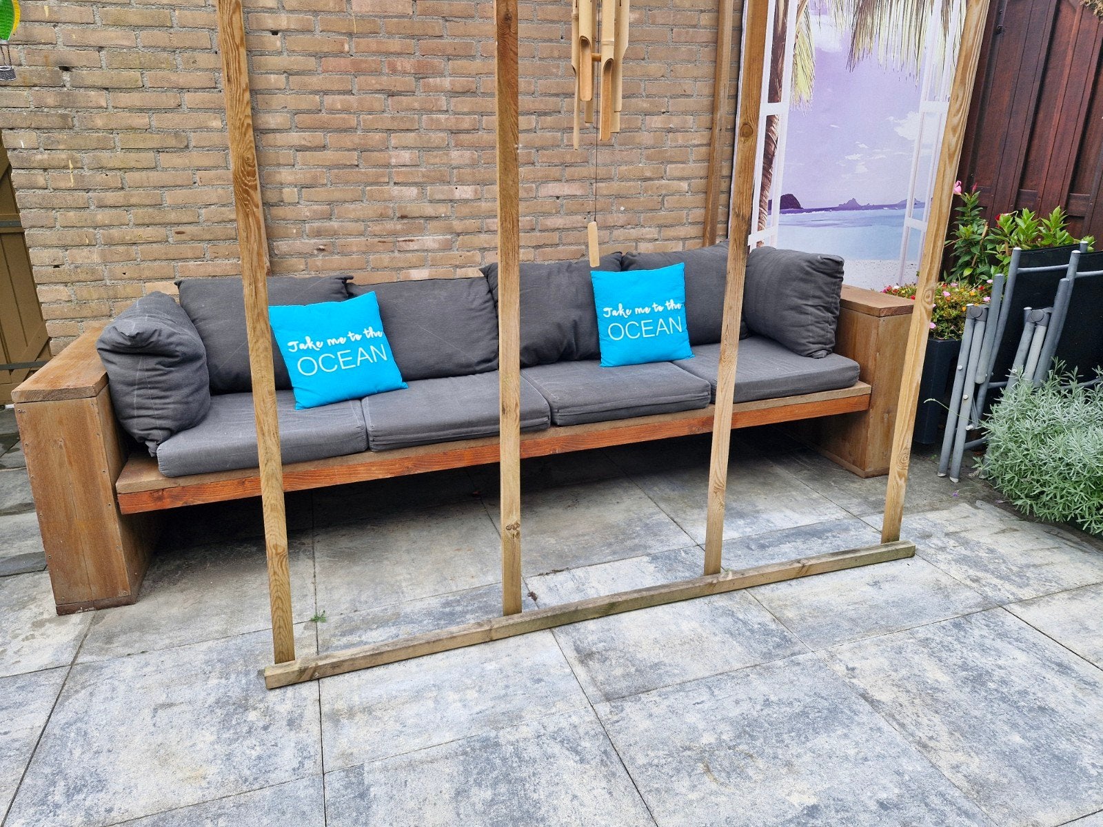 Steigerhouten loungebank 3 meter lang, Ophalen, Gebruikt, Hout