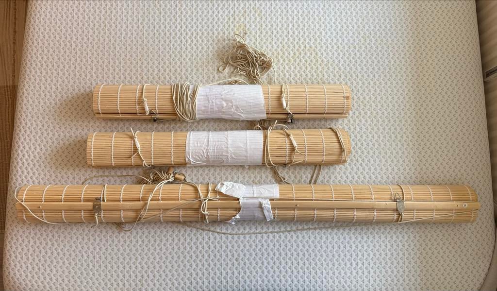 Bamboe rolgordijnen - 3 stuks (2x 70x220cm, 1x 120x220cm), Gebruikt, 200 cm of meer, Beige, 50 tot 100 cm