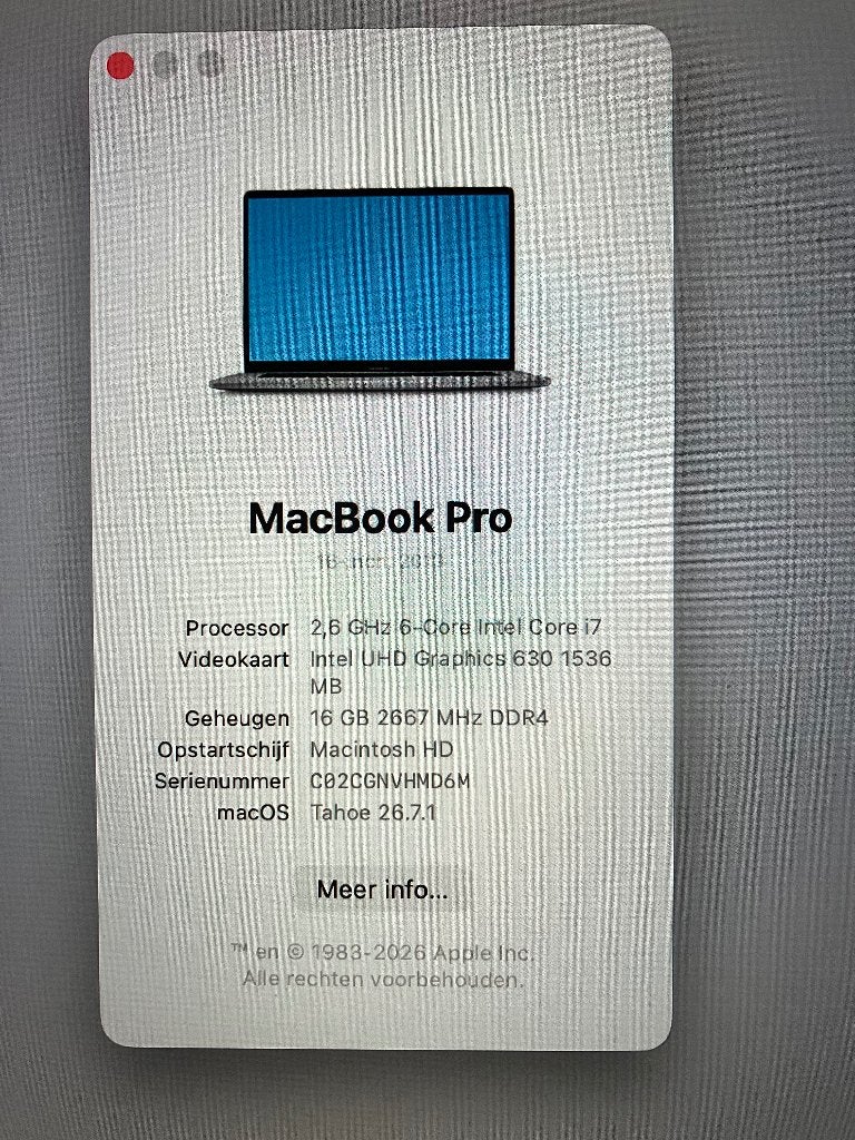 Te koop MacBook Pro 16-inch 2.6Ghz i7 - 16Gb model 2019, Computers en Software, 2 tot 3 Ghz, Qwerty, 512 GB, Zo goed als nieuw