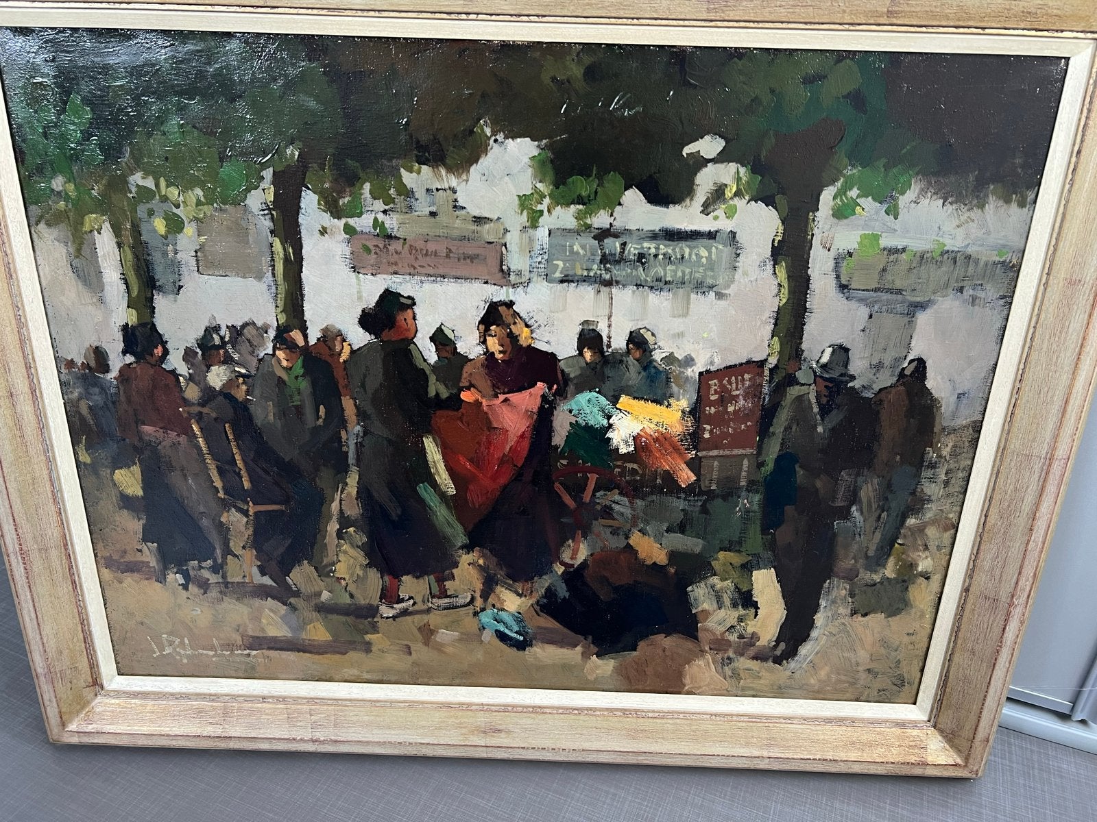 Prachtig Jan Rijlaarsdam Olieverf: Amsterdam Lapjesmarkt, Doek, Bijzondere lijst, Impressionistisch, Ophalen of Verzenden