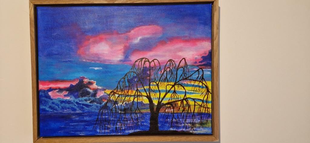 Schilderij van een treurwilg bij zonsondergang, Ophalen of Verzenden