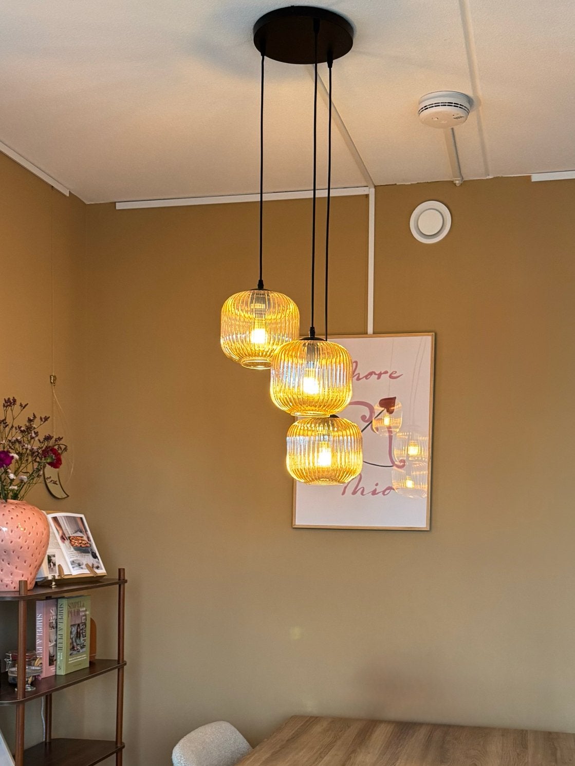 Verstelbare glazen hanglamp met 3 bollen, Huis en Inrichting, Lampen | Hanglampen, Ophalen, Zo goed als nieuw, Glas, E27 (groot)