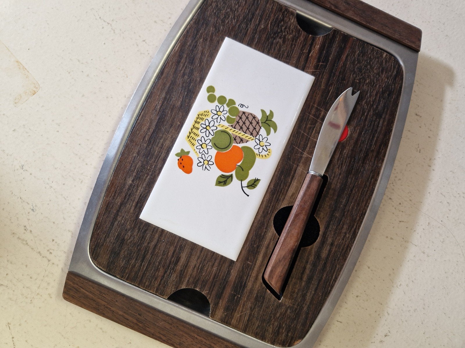 Vintage Kaasplankje met Mes - Japanse Fruitmand Design, Ophalen of Verzenden
