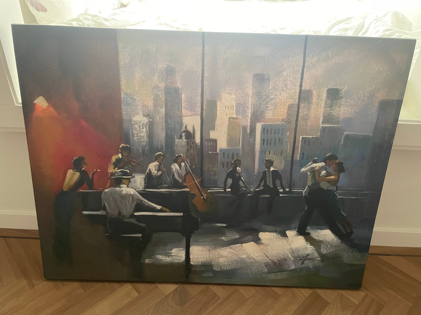 Schilderij: Jazzclub met dansend paar en stadsgezicht, Antiek en Kunst, Ophalen, Figuren, Handgeschilderd, Olieverf
