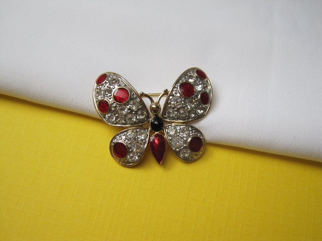 Broche vlinder / rood emaille en rijnstenen 3.9x3.1, Met kristal, Overige materialen, Overige kleuren, Verzenden