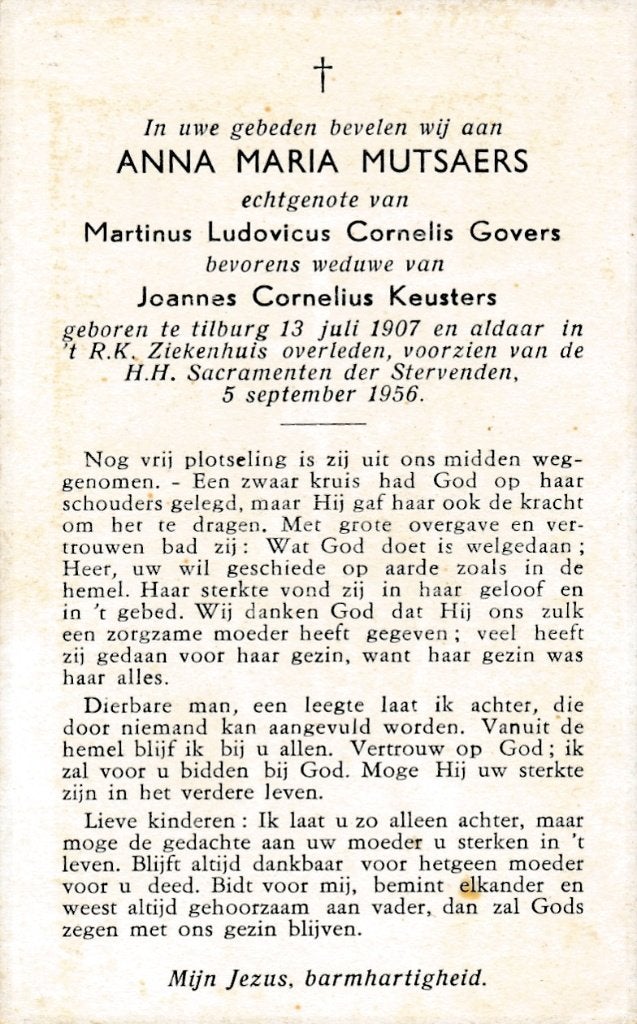 Mutsaers Anna 1907 Tilburg 1956, Ophalen of Verzenden, Bidprentje