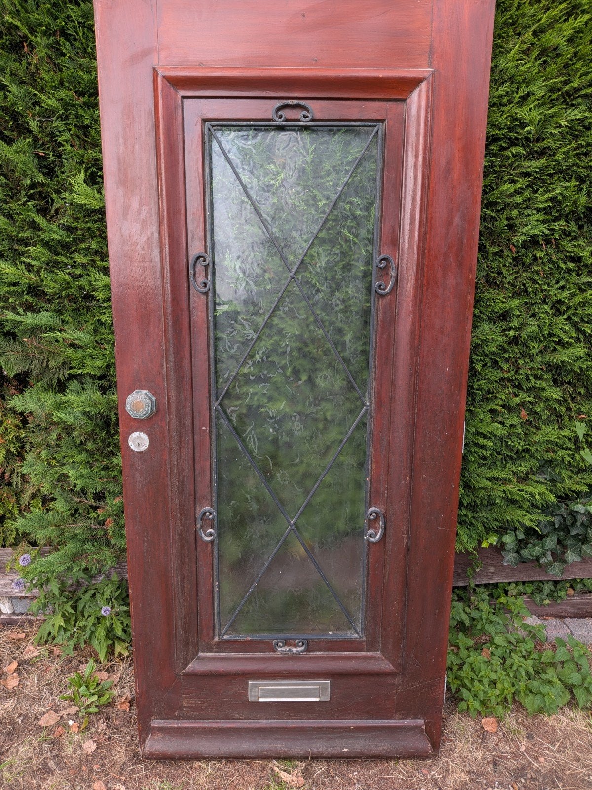 Massieve houten buitendeur met glas en brievenbus, Ophalen, Gebruikt, 80 tot 100 cm, Buitendeur