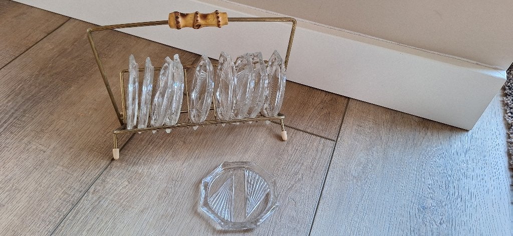 Vintage Glazen Onderzetters in Houder, Ophalen of Verzenden