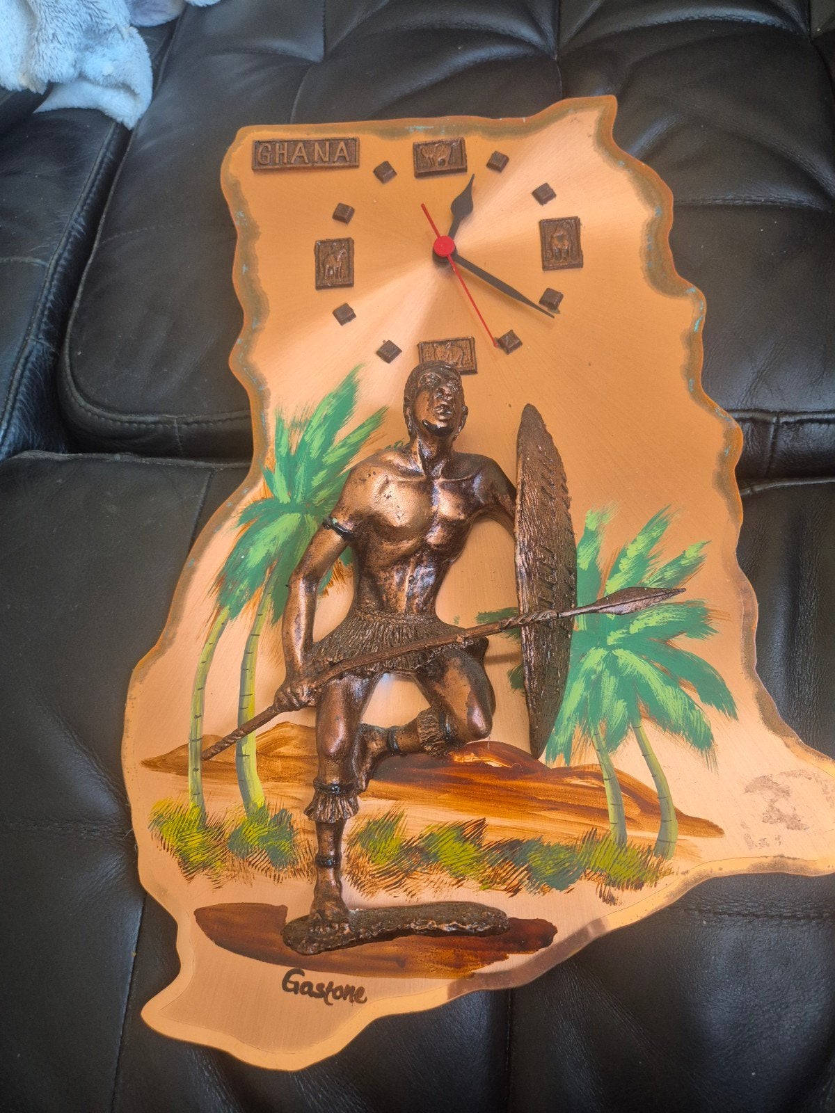 Vintage Ghana Wandklok met Afrikaanse Krijger, Ophalen of Verzenden