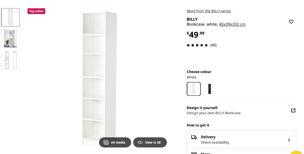 IKEA BILLY boekenkast wit (40x39x202 cm), Ophalen, Met plank(en), Minder dan 50 cm, 200 cm of meer