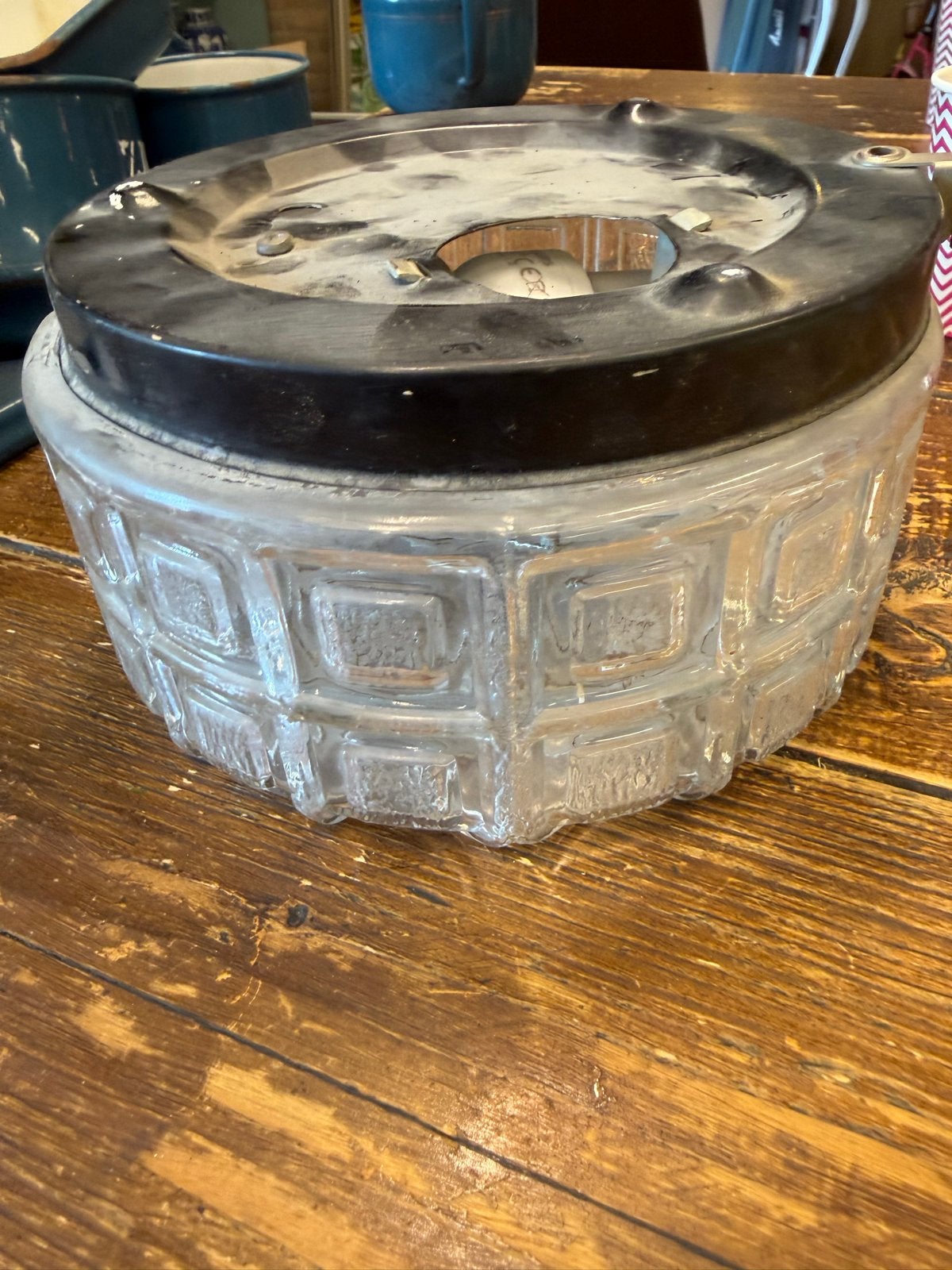 Vintage Plafonnière Glas - Ø 20 cm, 10 cm hoog, Antiek en Kunst, Antiek | Lampen, Ophalen of Verzenden